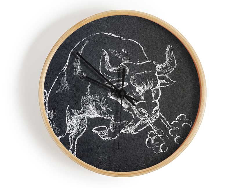 Angry Bull bamboo clock with a round face, available in black, white, and natural frame colors, featuring a clear Plexiglas lens.