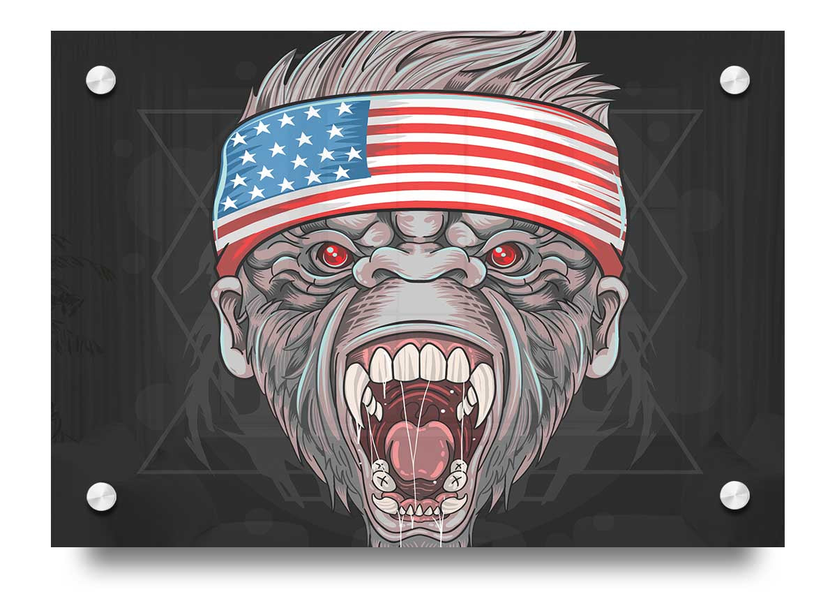 Angry Gorilla American Flag acrylic print featuring a fierce gorilla against the American flag background.