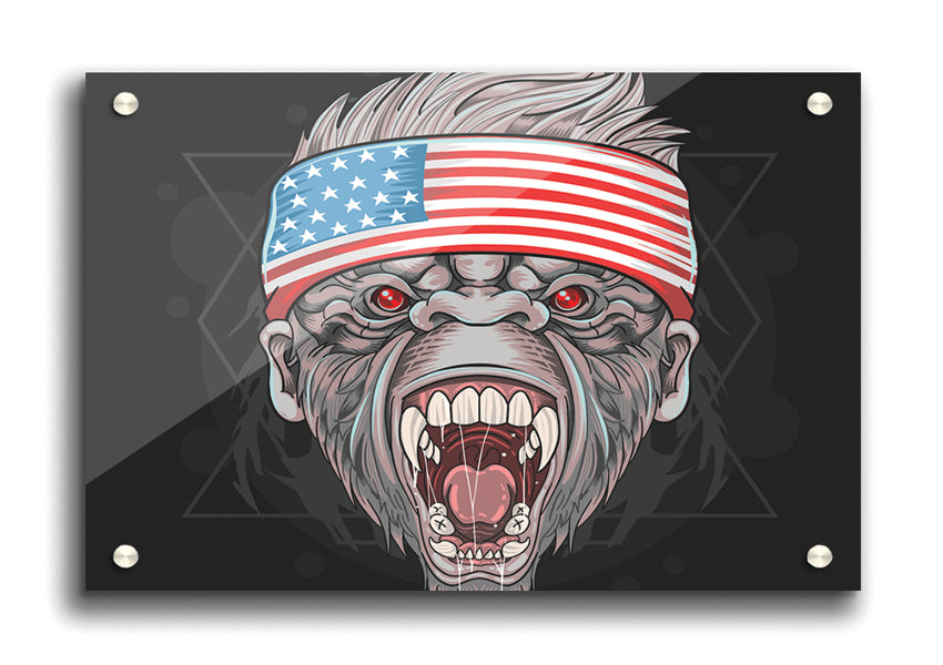 Angry Gorilla American Flag acrylic print featuring a fierce gorilla against the American flag background.