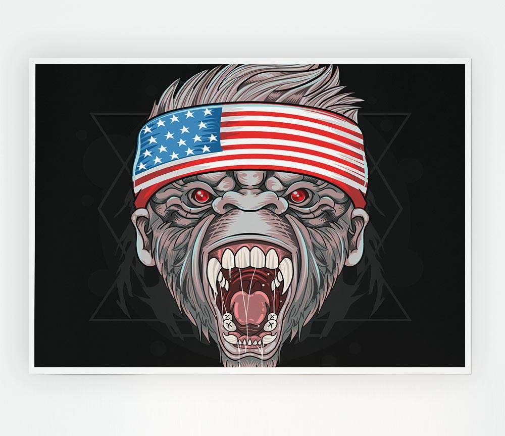 Angry Gorilla American Flag poster on high-quality canvas, featuring a fierce gorilla against the backdrop of the American flag.