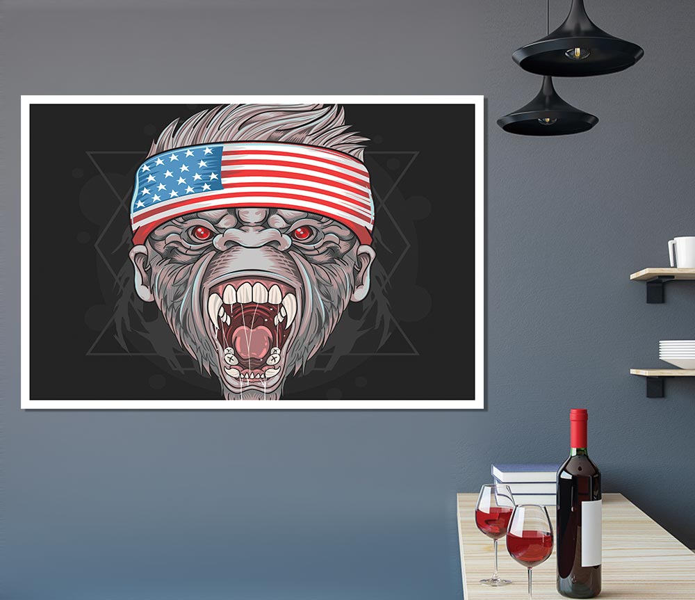 Angry Gorilla American Flag poster on high-quality canvas, featuring a fierce gorilla against the backdrop of the American flag.