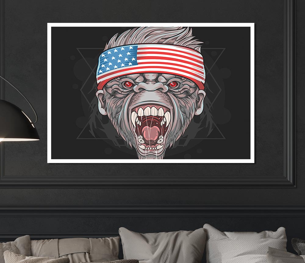 Angry Gorilla American Flag poster on high-quality canvas, featuring a fierce gorilla against the backdrop of the American flag.