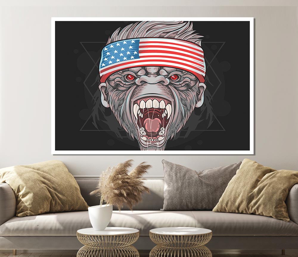 Angry Gorilla American Flag poster on high-quality canvas, featuring a fierce gorilla against the backdrop of the American flag.