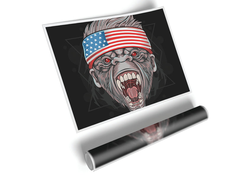 Angry Gorilla American Flag poster on high-quality canvas, featuring a fierce gorilla against the backdrop of the American flag.