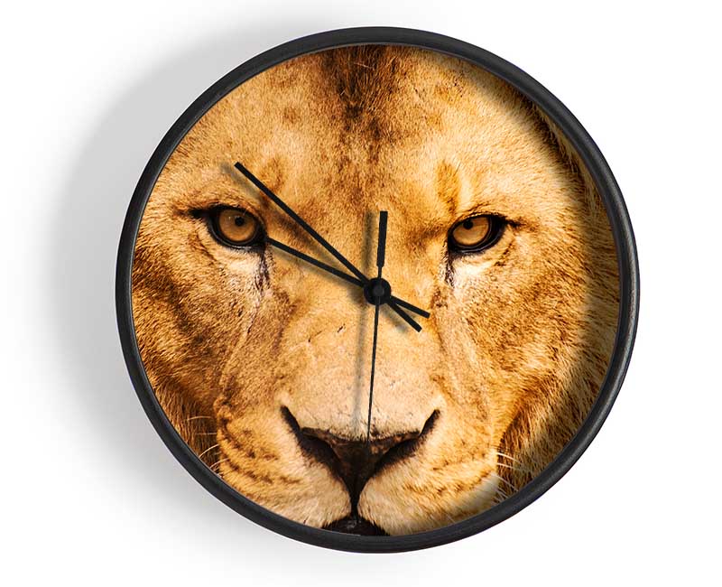 Angry Lion Face clock made of natural bamboo with a round design and clear Plexiglas lens.