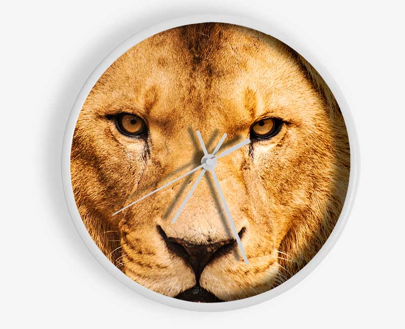 Angry Lion Face clock made of natural bamboo with a round design and clear Plexiglas lens.