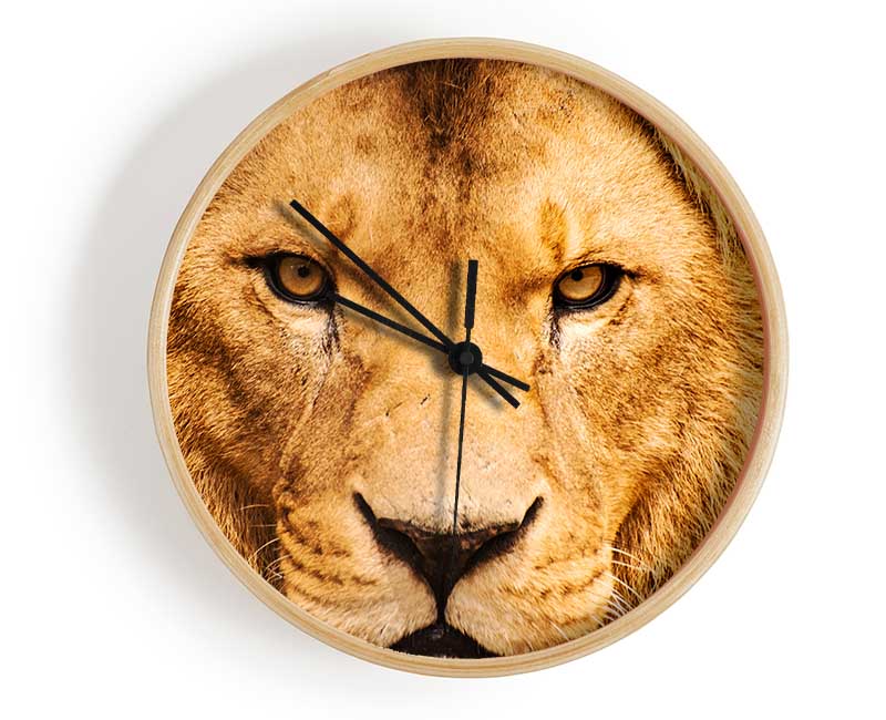 Angry Lion Face clock made of natural bamboo with a round design and clear Plexiglas lens.