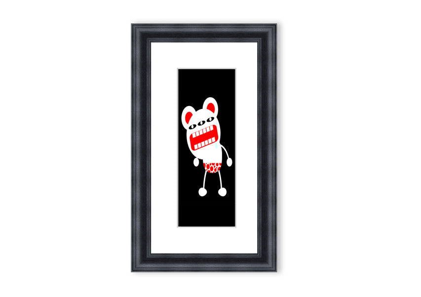 Framed print of Angry Monster Mouth, colorful and whimsical design, ready to hang.