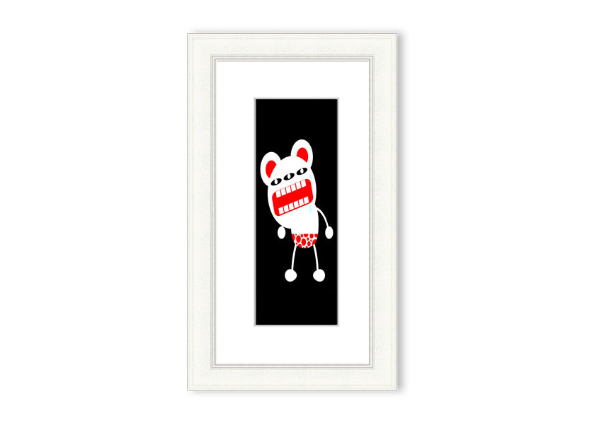 Framed print of Angry Monster Mouth, colorful and whimsical design, ready to hang.