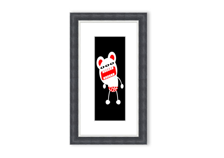 Framed print of Angry Monster Mouth, colorful and whimsical design, ready to hang.