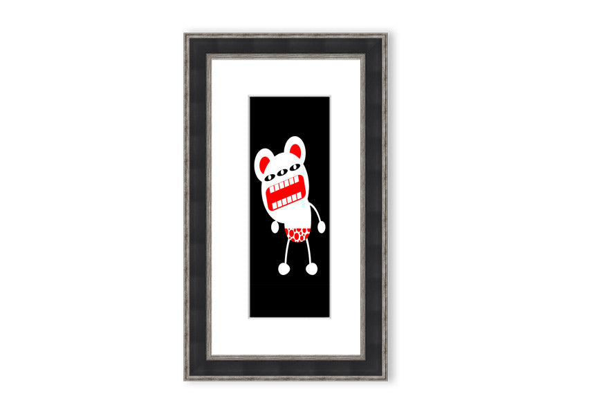 Framed print of Angry Monster Mouth, colorful and whimsical design, ready to hang.