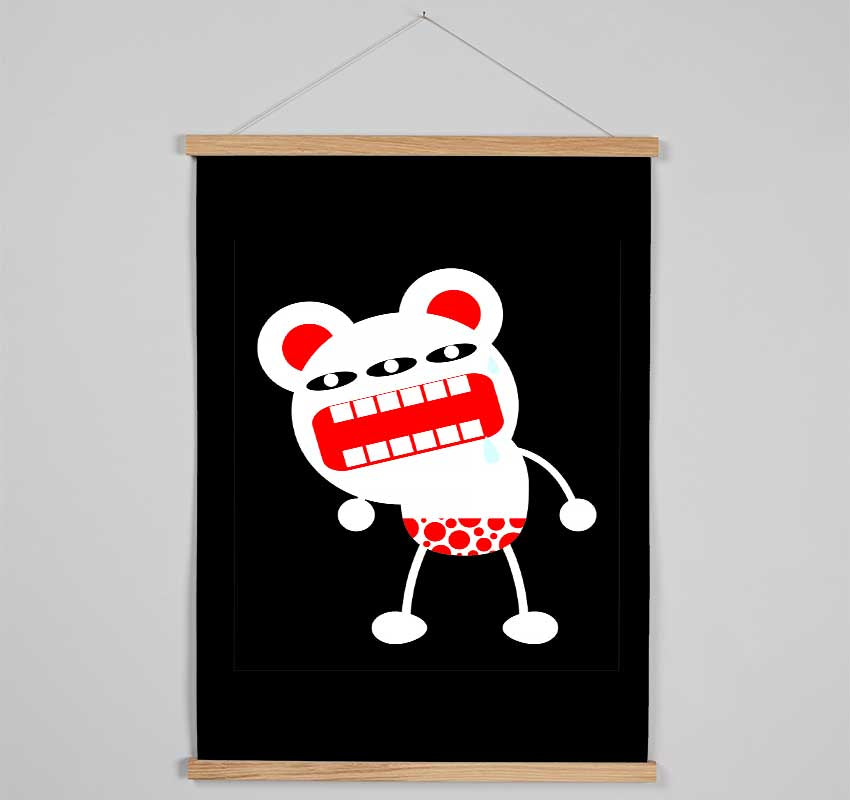 Angry Monster Mouth wooden poster hanger showcasing a print with magnetic fastening, available in black, white, and natural oak finishes.