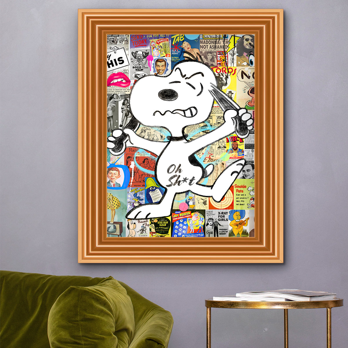 Framed Angry Snoopy print with vibrant colours and multiple frame options, ready to hang.