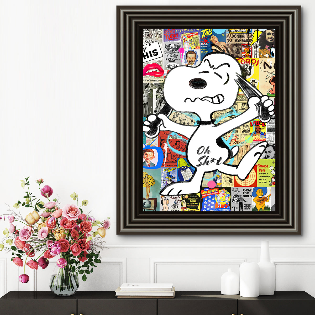 Framed Angry Snoopy print with vibrant colours and multiple frame options, ready to hang.