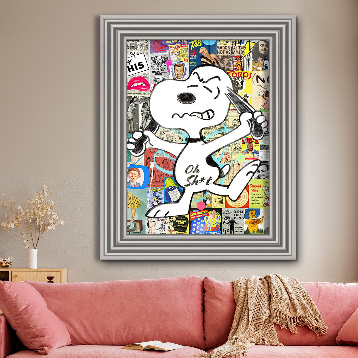 Framed Angry Snoopy print with vibrant colours and multiple frame options, ready to hang.