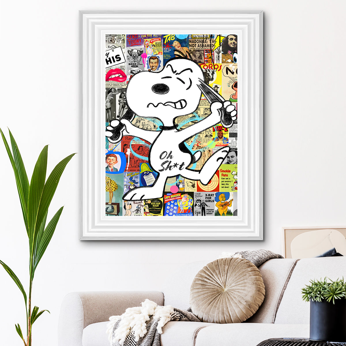 Framed Angry Snoopy print with vibrant colours and multiple frame options, ready to hang.