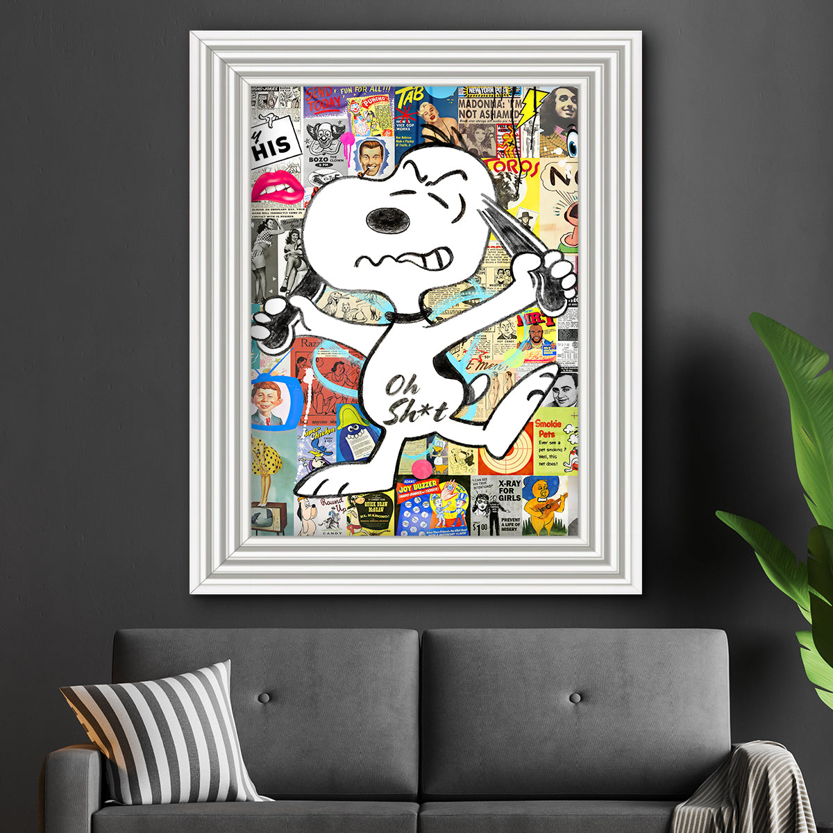 Framed Angry Snoopy print with vibrant colours and multiple frame options, ready to hang.