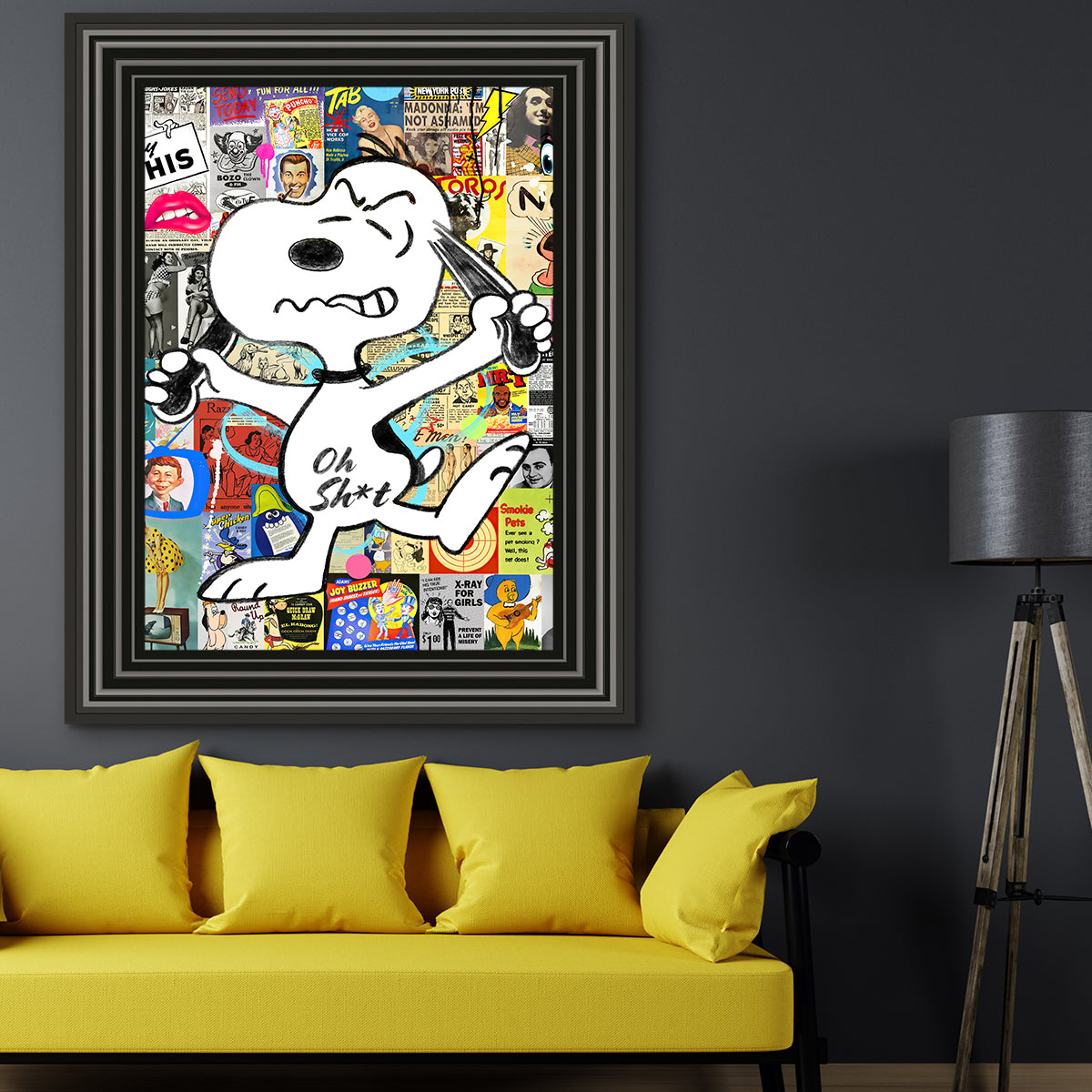 Framed Angry Snoopy print with vibrant colours and multiple frame options, ready to hang.