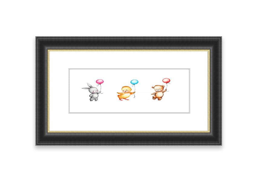 Framed print of the Animal Balloon Family featuring colorful animals with balloons, available in various frame colors.