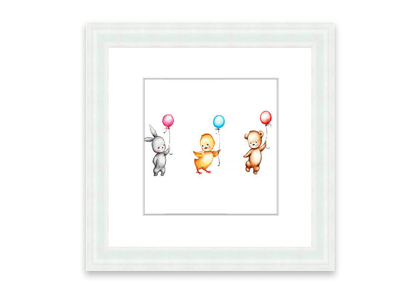 Framed print of the Animal Balloon Family featuring colorful animals with balloons, available in various frame colors.