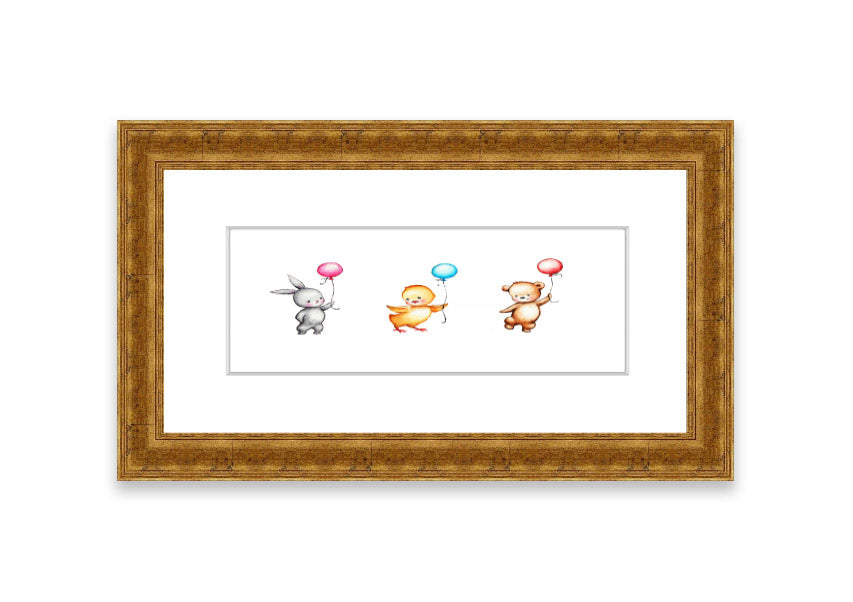 Framed print of the Animal Balloon Family featuring colorful animals with balloons, available in various frame colors.