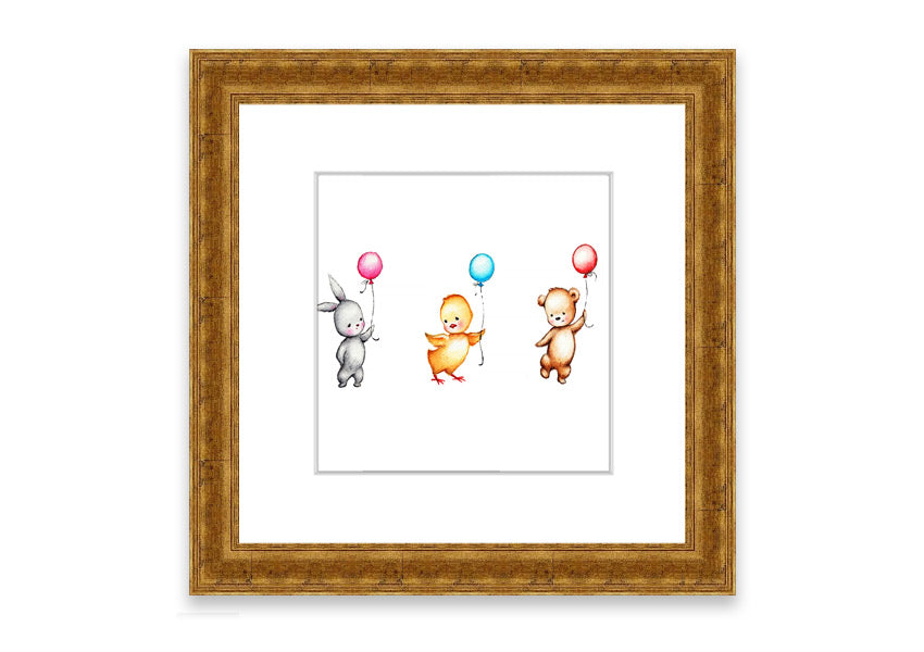 Framed print of the Animal Balloon Family featuring colorful animals with balloons, available in various frame colors.