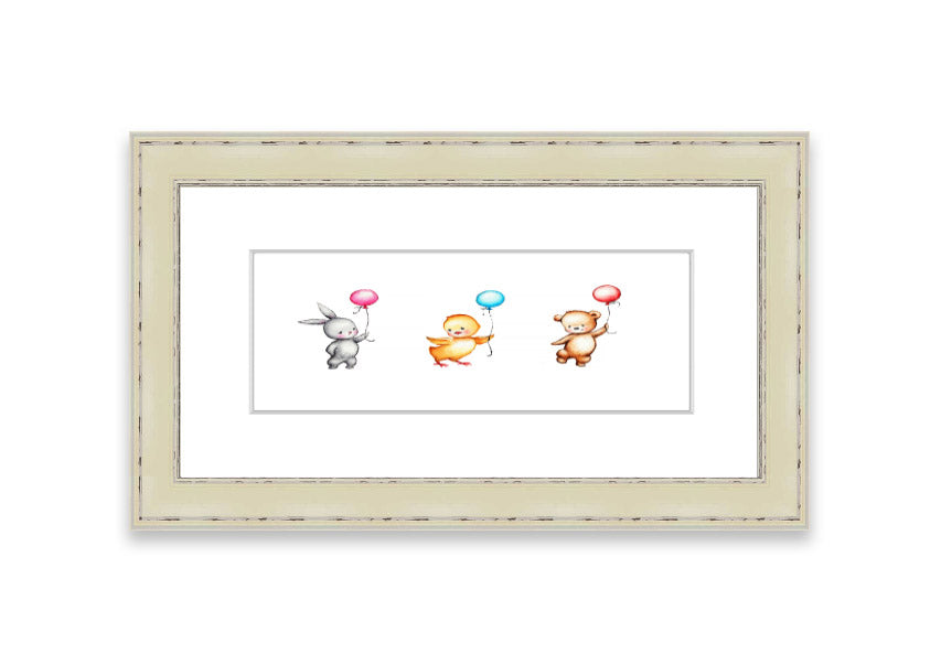 Framed print of the Animal Balloon Family featuring colorful animals with balloons, available in various frame colors.