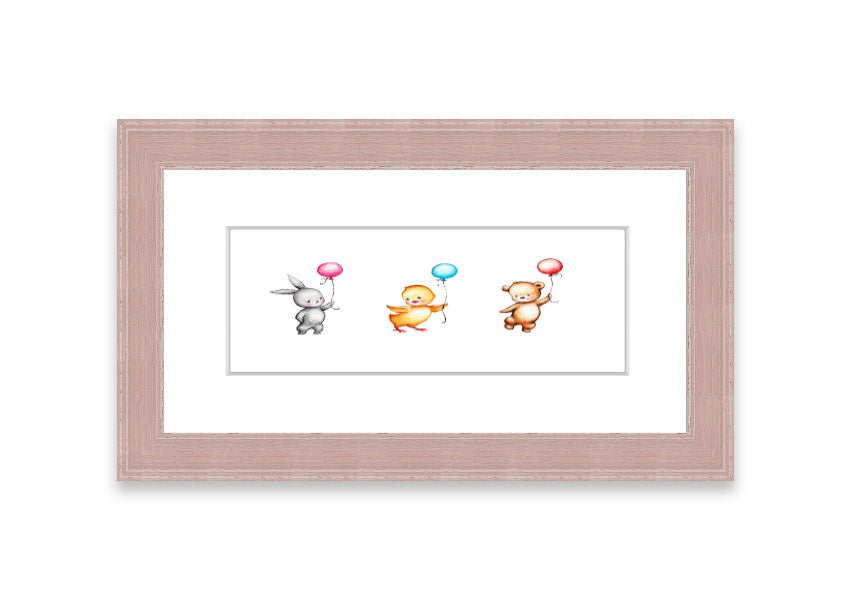 Framed print of the Animal Balloon Family featuring colorful animals with balloons, available in various frame colors.