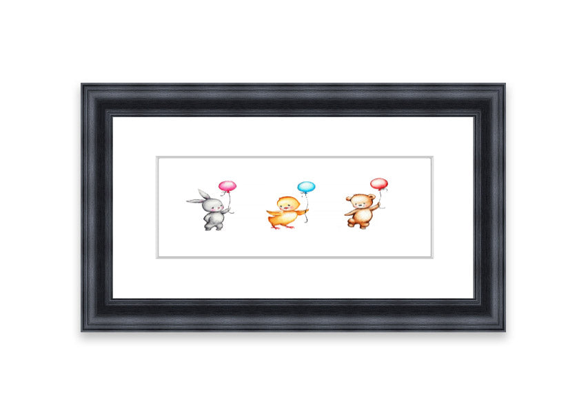 Framed print of the Animal Balloon Family featuring colorful animals with balloons, available in various frame colors.