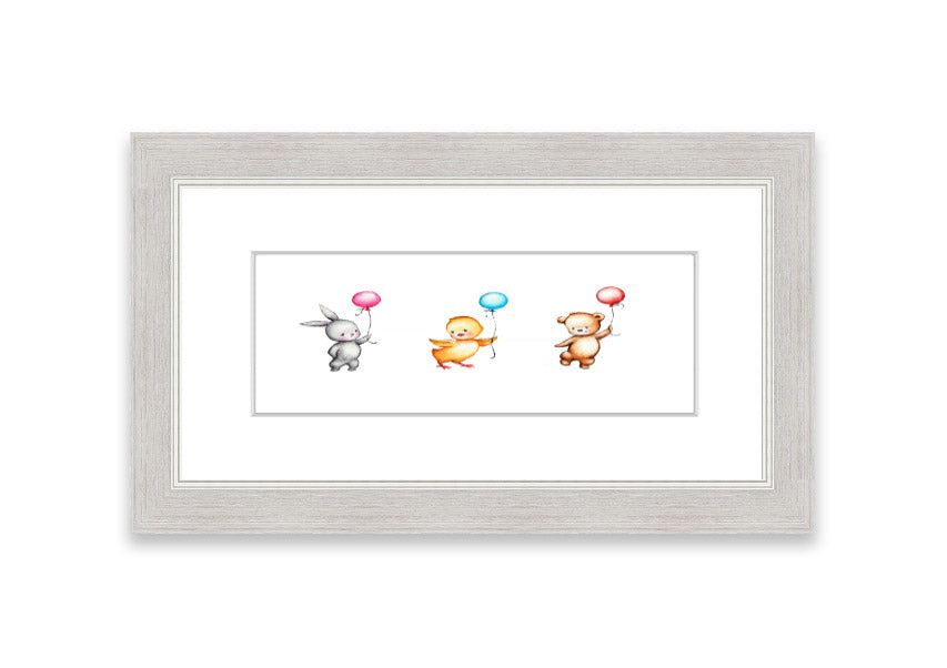 Framed print of the Animal Balloon Family featuring colorful animals with balloons, available in various frame colors.