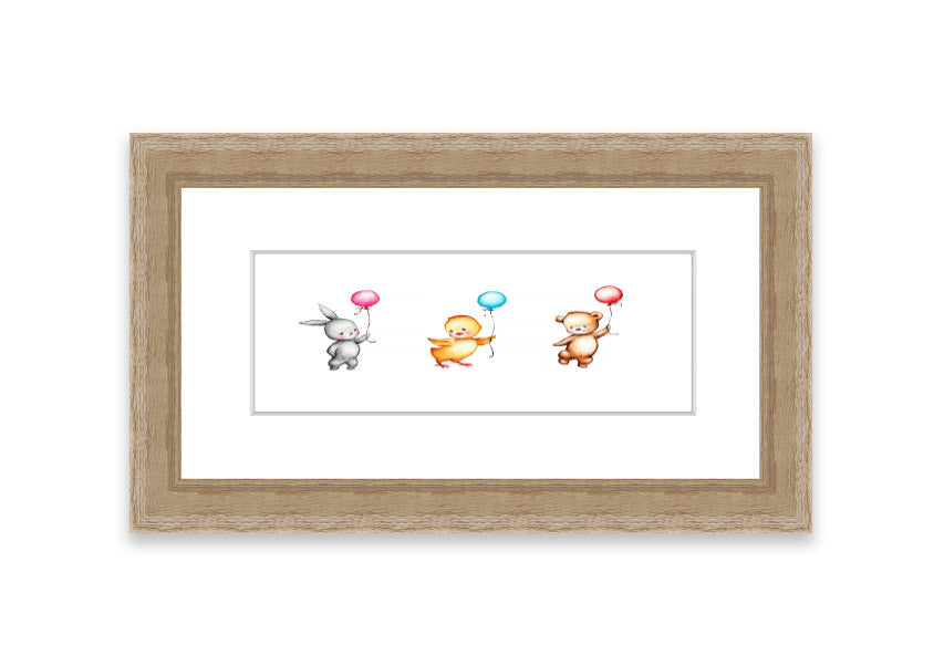 Framed print of the Animal Balloon Family featuring colorful animals with balloons, available in various frame colors.