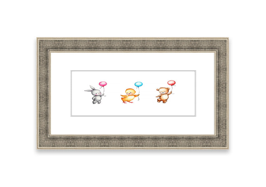 Framed print of the Animal Balloon Family featuring colorful animals with balloons, available in various frame colors.