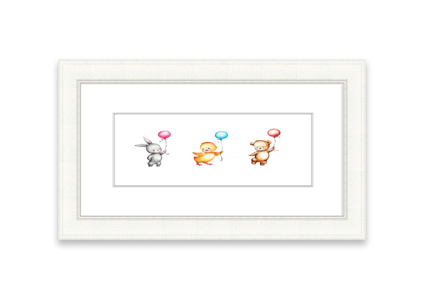 Framed print of the Animal Balloon Family featuring colorful animals with balloons, available in various frame colors.