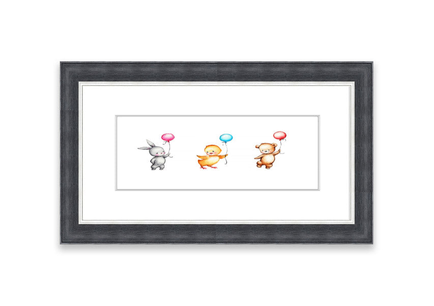 Framed print of the Animal Balloon Family featuring colorful animals with balloons, available in various frame colors.