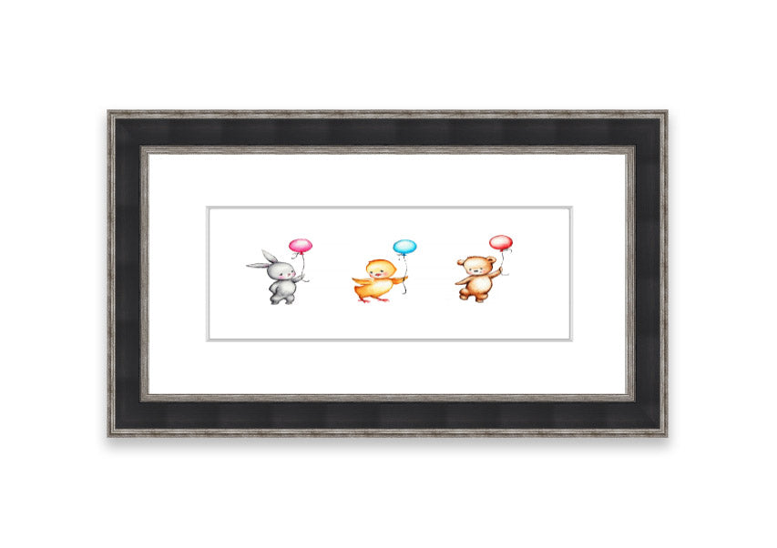 Framed print of the Animal Balloon Family featuring colorful animals with balloons, available in various frame colors.