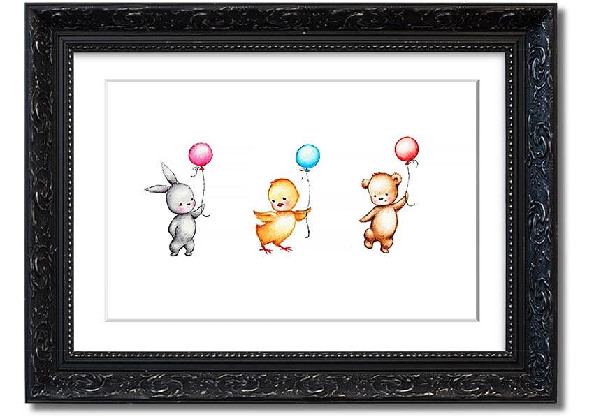 A colorful framed print featuring a whimsical design of animals holding balloons, perfect for children's decor.