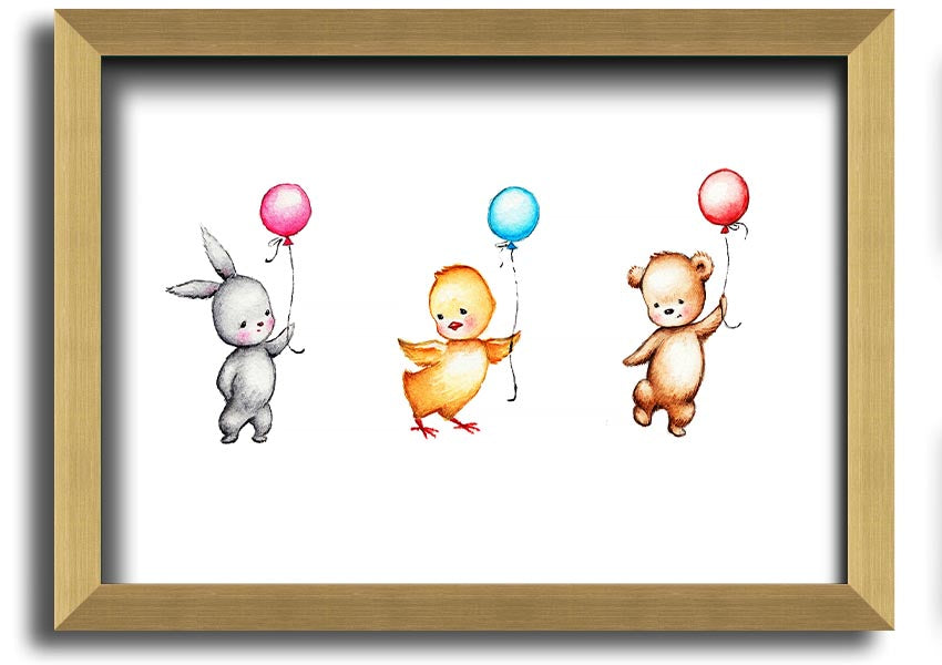 A colorful framed print featuring a whimsical design of animals holding balloons, perfect for children's decor.