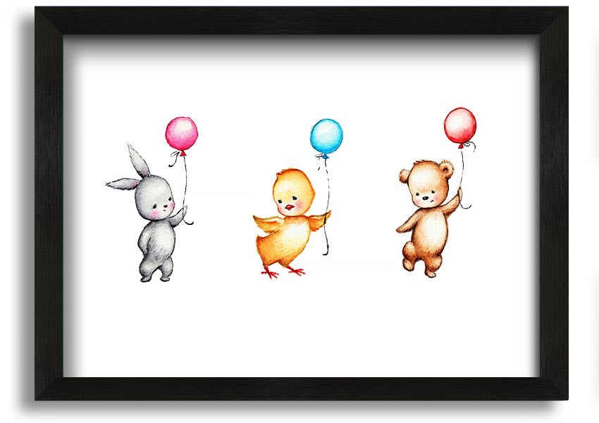 A colorful framed print featuring a whimsical design of animals holding balloons, perfect for children's decor.