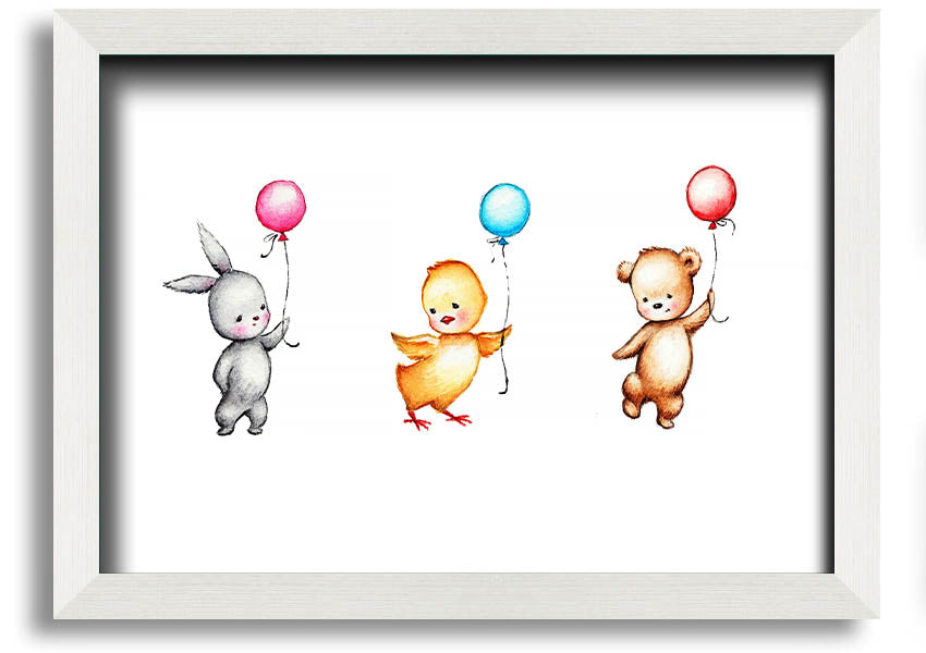 A colorful framed print featuring a whimsical design of animals holding balloons, perfect for children's decor.