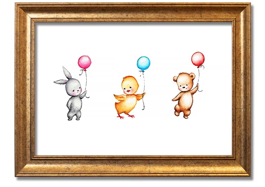 A colorful framed print featuring a whimsical design of animals holding balloons, perfect for children's decor.