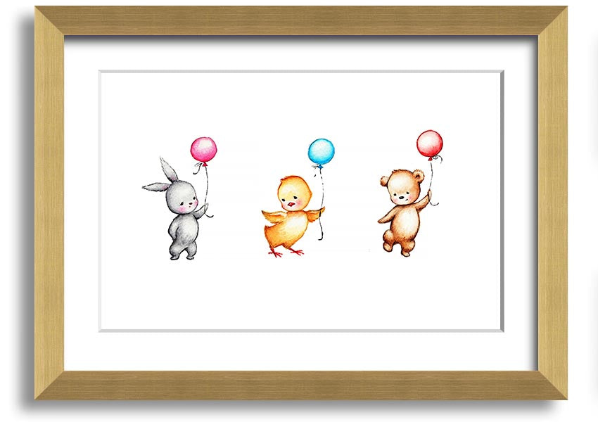 A colorful framed print featuring a whimsical design of animals holding balloons, perfect for children's decor.