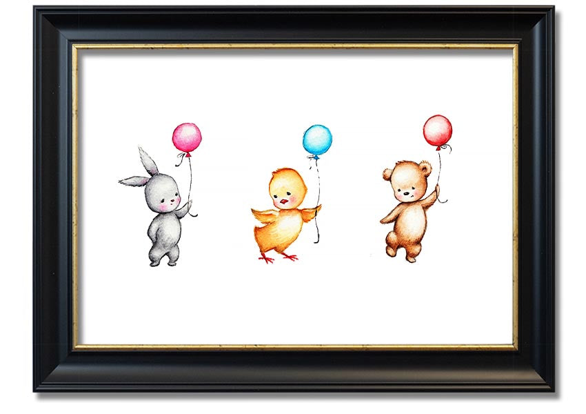 A colorful framed print featuring a whimsical design of animals holding balloons, perfect for children's decor.