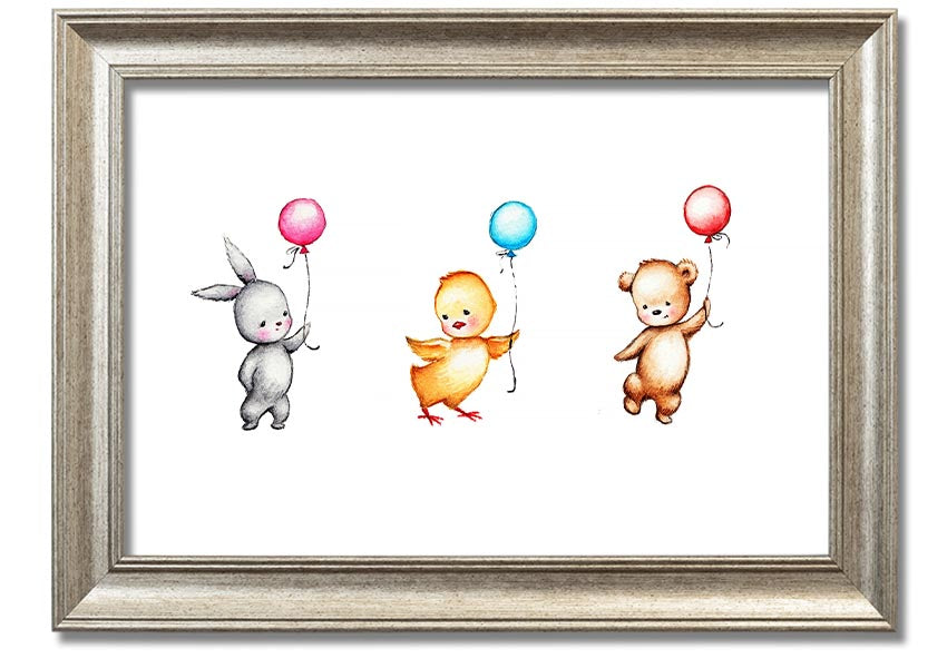 A colorful framed print featuring a whimsical design of animals holding balloons, perfect for children's decor.