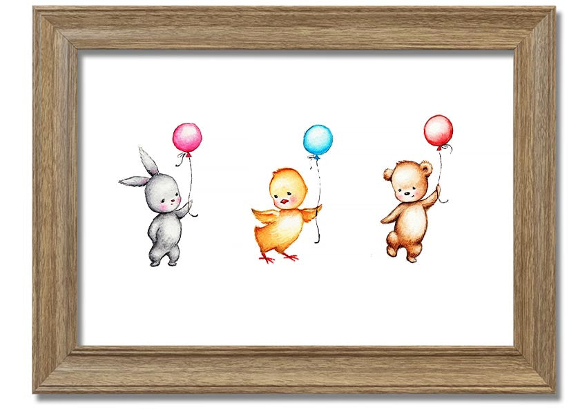 A colorful framed print featuring a whimsical design of animals holding balloons, perfect for children's decor.