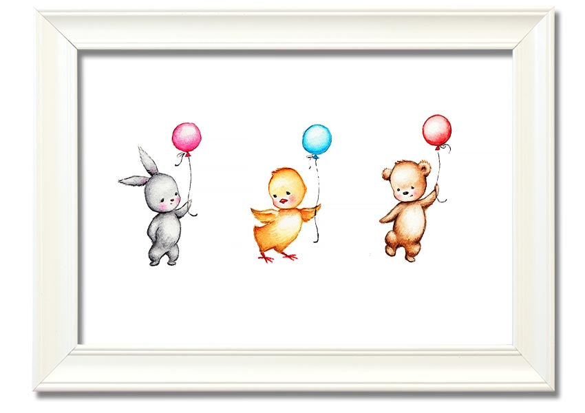 A colorful framed print featuring a whimsical design of animals holding balloons, perfect for children's decor.