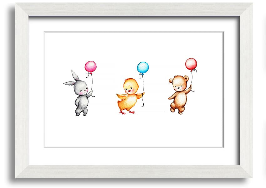 A colorful framed print featuring a whimsical design of animals holding balloons, perfect for children's decor.