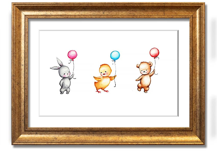 A colorful framed print featuring a whimsical design of animals holding balloons, perfect for children's decor.