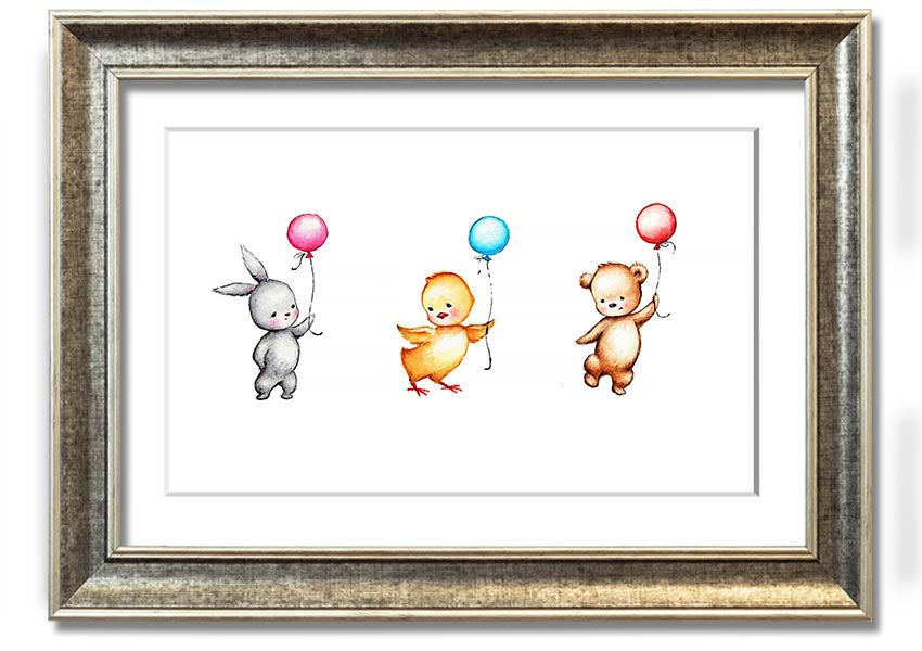 A colorful framed print featuring a whimsical design of animals holding balloons, perfect for children's decor.