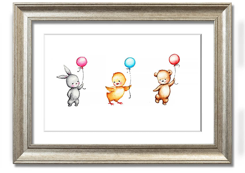 A colorful framed print featuring a whimsical design of animals holding balloons, perfect for children's decor.