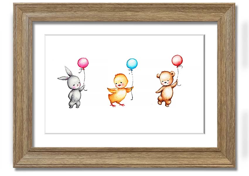 A colorful framed print featuring a whimsical design of animals holding balloons, perfect for children's decor.